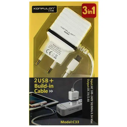 Зарядний пристрій iPhone 5 6 7 8 Konfulon блок живлення Lightning + 2 usb - фото 2