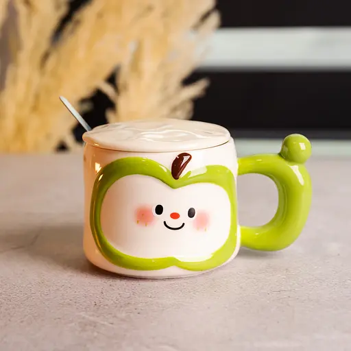 Чашка порцелянова Cute Apple 400 мл з кришкою та ложкою зелений FM-25A - фото 2