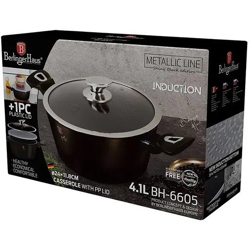 Каструля Berlinger Haus Shiny Black Metallic Line з кришками 4.1 л 24х11.8 см коричнева (BH 6605) - фото 3