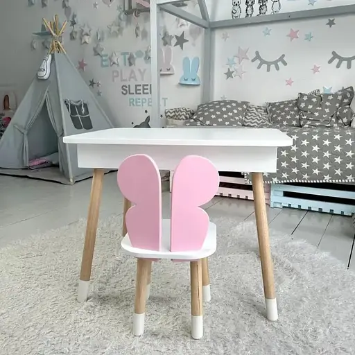 Дитячий столик з ящиком для олівців + стільчик Метелик (Білий з рожевим)