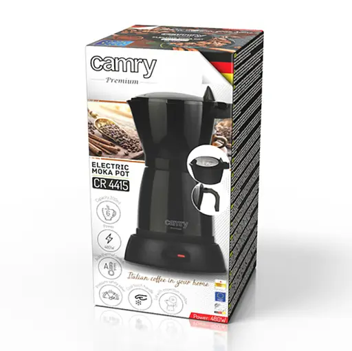Электрическая гейзерная кофеварка Camry CR 4415B Moka 300 мл 6 чашек 480 Вт алюминиевая база 360° черная - фото 10