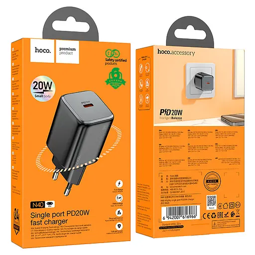 Мережевий зарядний пристрій Hoco N40 Mighty single port PD20W charger чорний - фото 2
