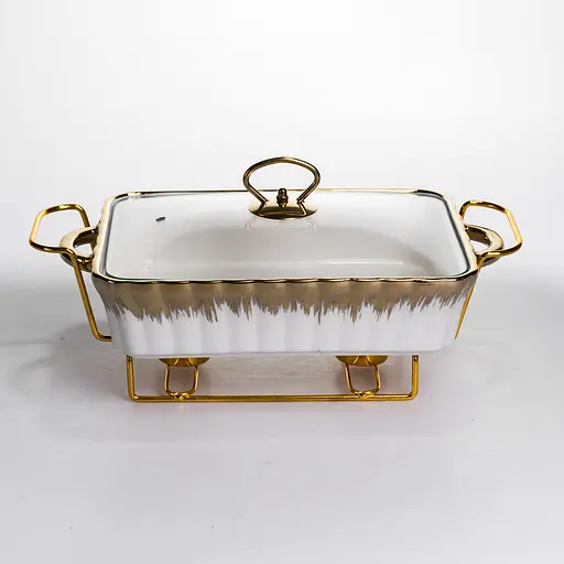 Марміт настільний прямокутний Yiwu з підігрівом 35.5х19х15.5 см керамічний на металевій підставці з кришкою мармітниця для перших страв ML525-13 - фото 5