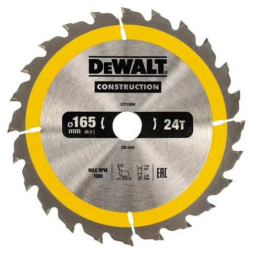 Диск пиляльний DeWalt Construction 165х20 мм 24z (DT1934)