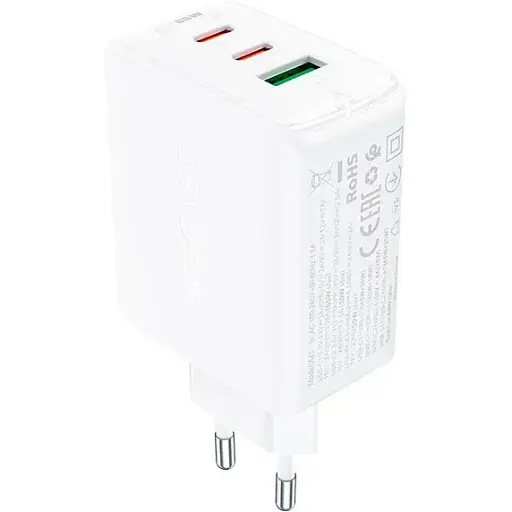 Зарядний пристрій Acefast GaN A41 3 виходи 2*Type-C і 1*USB 65W біле - фото 1