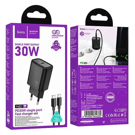 МЗП Hoco N62 Gentle PD30W (1USB-C) + кабель Type-C to Type-C Black - фото 4