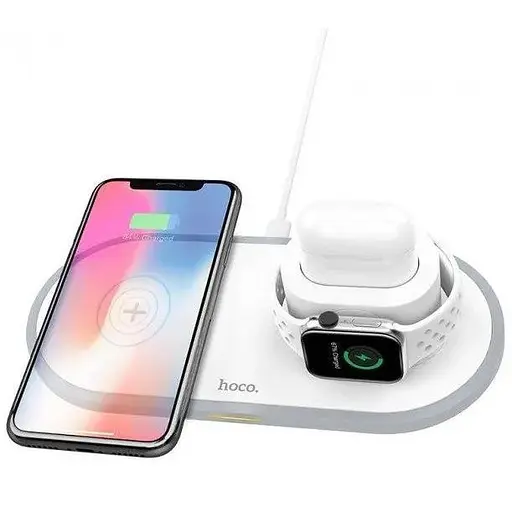 Бездротовий зарядний пристрій Hoco CW21 15 W 3в1 білий - фото 1