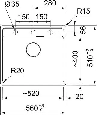 Franke Мойка кухонная Maris фрагранит прямоугольник без крыльев 560х510х200 мм чаша - 1 врезная MRG 610-52 TL оникс - фото 2