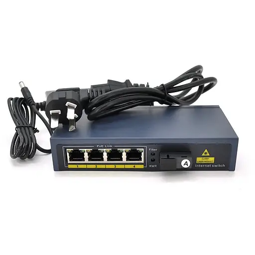 Комутатор POE 48V/57V 4 портів PoE +1 порт Ethernet FX 155 Мбіт/с (UP-Link) A, 802.3af, Black, БП у комплекті, (238*190*96) 0.79 кг (152*85*30)
