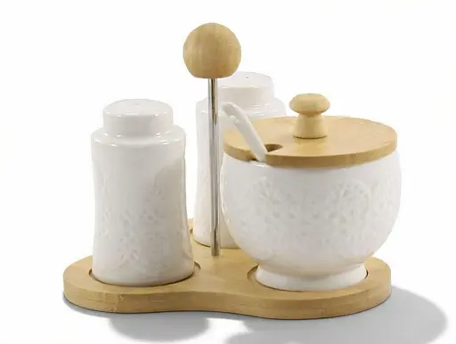 Набір для спецій та цукорниця порцелянові на дерев'яній стійці Grazie 3 предмети (PJ02152 D) - фото 2