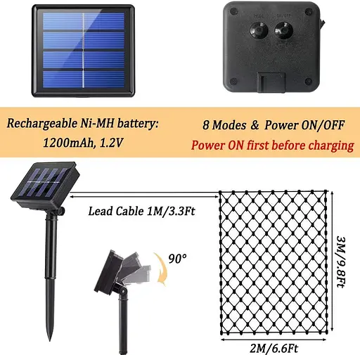 200 світлодіодних сонячних сітчастих світильників, 3M x 2M сітчасті казкові гірлянди, 8 режимів зовнішніх атмосферостійких штор - фото 7