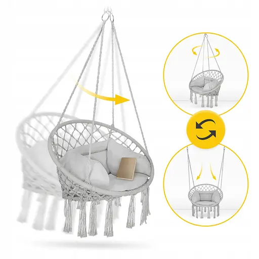 Крісло-гойдалка 4FIZJO Boho Dream 80 см з подушкою, підвісна, плетена Grey (P-5905973404532) - фото 7