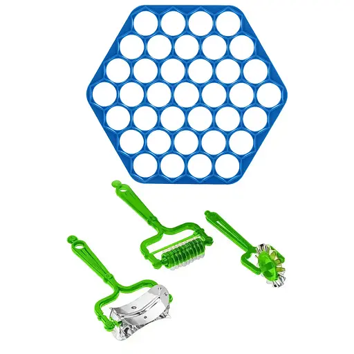 Комплект пельменниця пластикова та набір 3 дискових тесторізів: для чебурок, пельменів, нарізування локшини Блакитний, Kitchette 85172 - фото 1