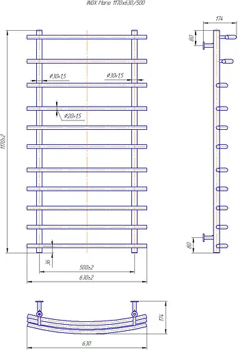 Водяна рушникосушка Mario Inox Маріо 1170x630/500 1.8.044592.P, Хром, нижнее - фото 4