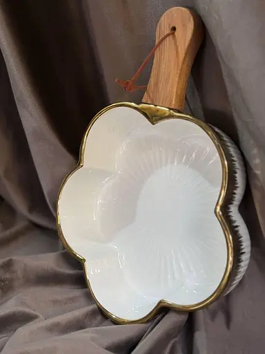 Керамическая тарелка с ручкой в форме листа для десертов фруктов Белый с золотым - фото 3