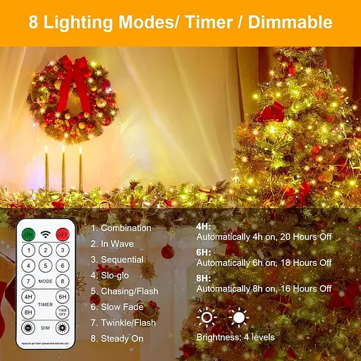 Гирлянда Vacoulery Набор из 4 сказочных огней, 15M 150 светодиодный таймер 8 режимов USB-фейки с дистанционным управлением - фото 7