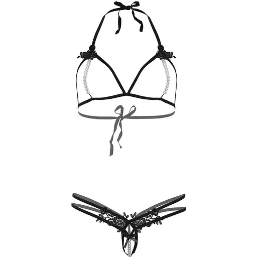 Leg Avenue Open cup bra and pearl panty OS Black - фото 9