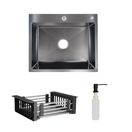 Кухонна мийка Lidz Handmade H6050B інтегрована BlackPVD у комплекті з дозатором та корзиною, Чорний - фото 1