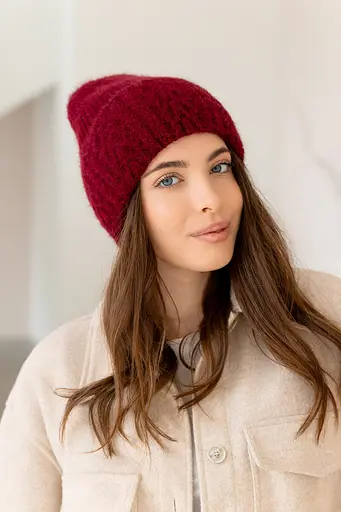 Женская зимняя шапка Лили Травка из ангоры 80% с узором и флисовой подкладкой Бордовый - фото 2