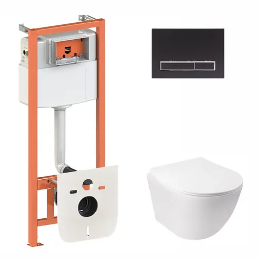 Набор Qtap инсталляция 3 в 1 Nest QT0133M425 с панелью смыва линейной QT0111M08V1091MB + унитаз с сиденьем Jay QT07335176W, Белый - фото 1