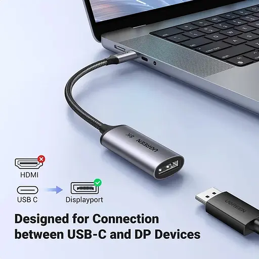 Перехідник Ugreen USB 2.0 Type-C DisplayPort Thunderbolt 4 8k 60hz CM654 сірий - фото 2