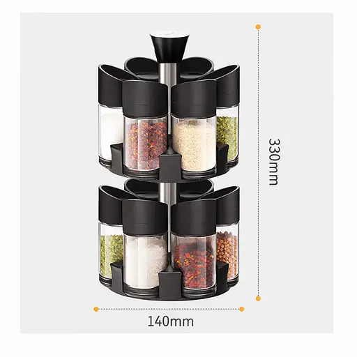 Набор из 12 стеклянных баночек для специй и приправ на вращающейся подставке 360 градусов, дозатор 3 режима Черный 88203 - фото 9