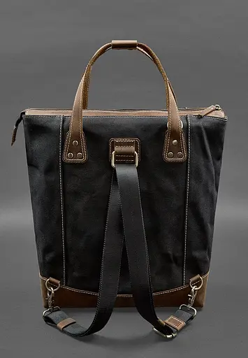 Сумка-рюкзак з канвасу та натуральної темно-коричневої шкіри - фото 4