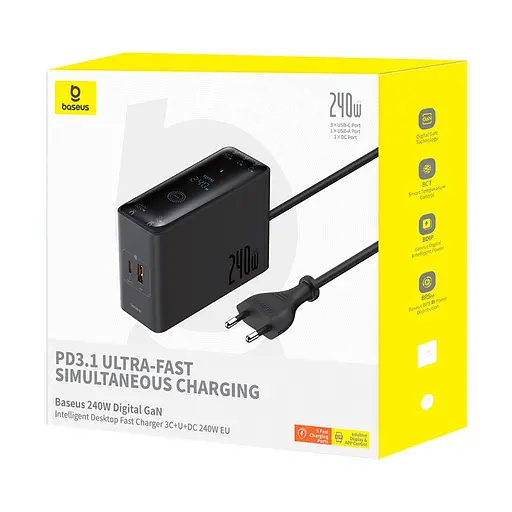 Мережевий зарядний пристрій з кабелем Baseus Baseus Digital GaN Intelligent Desktop Fast Charger 3C+U+DC 240W EU Cluster чорний - фото 2