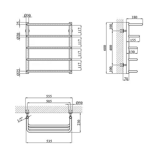 Полотенцесушитель водяной Kroner Каскад скоба ДКС03 600x530/5 CV023857, Хром, нижнее - фото 2