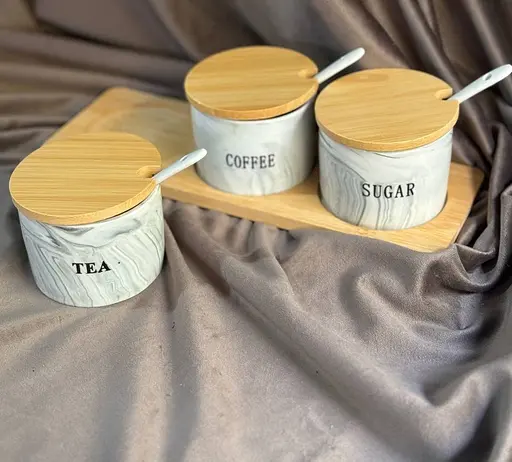 Набор банок 3 шт с крышками и ложками с бамбуковым подносом для хранения сыпучих 300 мл Серый - фото 5