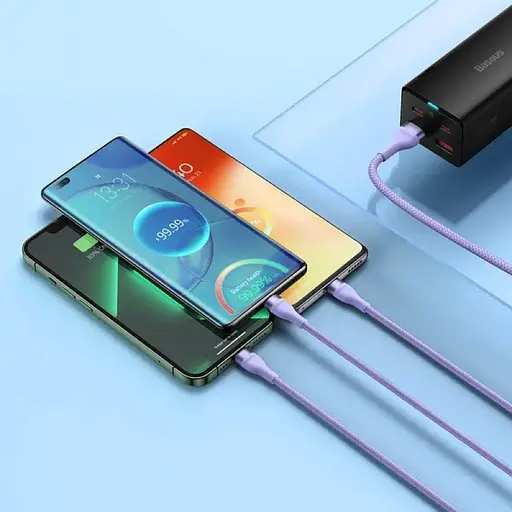 Кабель Baseus Flash Series Ⅱ One-for-three Fast Charging Data Cable USB to M+L+C 66W 1.2m Purple - фото 8