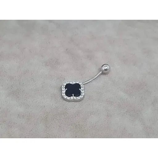 Серебряная серьга для пирсинга пупка Клевер с ониіксом. 6025 - фото 4