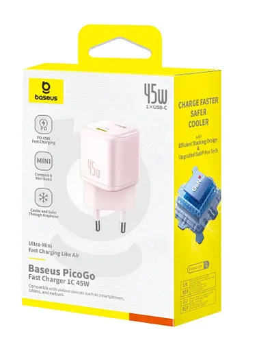 Сетевое зарядное устройство для Baseus PicoGo GaN Fast Charger 1C 45 W P10176800413-00 Розовый - фото 3