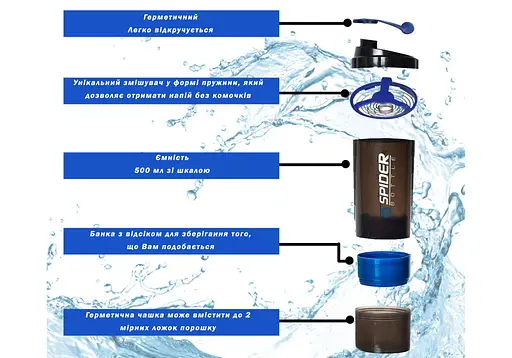 Шейкер спортивный EasyFit Spider 0,5 л Черно-синий (EF-7200-BE) - фото 4