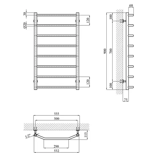 Полотенцесушитель водяной Kroner KRP Diva WT900x500-8 (CV036306) - фото 5