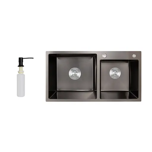 Кухонна мийка з двома чашами інтегрована Lidz Handmade H7843 (LDH7843BPVD45586) Brushed Black PVD 3,0/1,0 мм, Чорний - фото 1