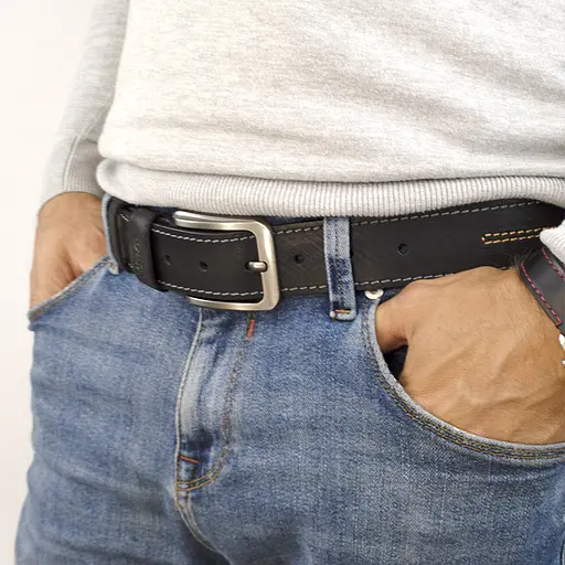 Ремень мужской кожаный черный SF-4001 (125 см) винтажный со строчкой - фото 9