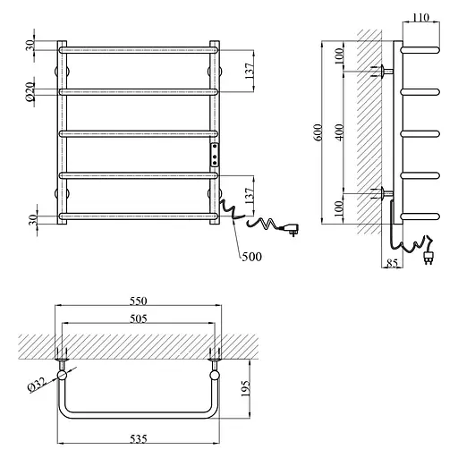 Полотенцесушитель электрический Kroner KRP Stil ER600x500-5 (CV036341) - фото 6