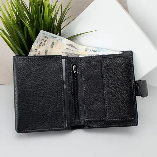 Кошелек мужской кожаный с карманом для прав 112-A черный на кнопке - фото 2