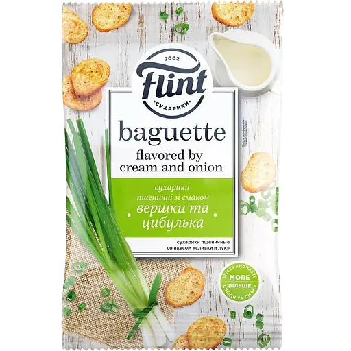 Набір: сухарики Flint Baguette Пшеничні зі смаком вершків і цибулі 60 г + чипси картопляні велика хвиля Chipster's Гриби з вершковим соусом 95 г - фото 2