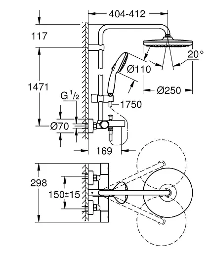 Душова система настінного монтажу з термостатом для ванни Grohe Tempesta System 250 26672001, Хром - фото 6