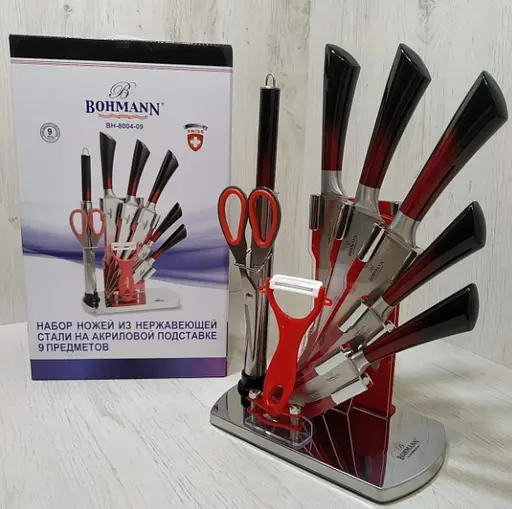 Набор ножей для кухни с подставкой Bohmann BH 8004-09 кухонные ножи и подставки красный - фото 7