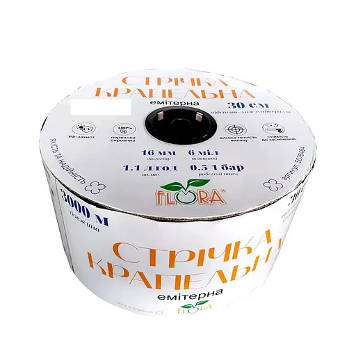 Лента капельная Flora с плоским эмиттером Ø16 мм 30 см 6 мил 1.38л 1000 м (5076314) - фото 1