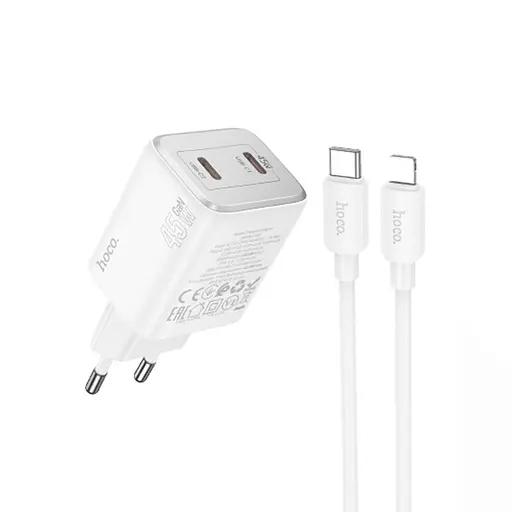 Мережевий зарядний пристрій Hoco N42 2 Type-C PD 45W білий + кабель Type-C to Lightning - фото 2