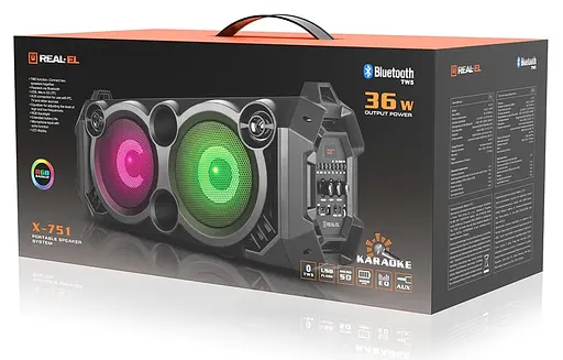 Портативная колонка 2.0 Real-El X-751 Black 2 x 18 Вт пластиковый корпус Bluetooth MicroSD/USB аккумулятор 4000 мАч - фото 6