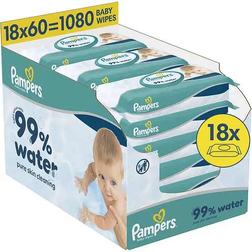 Дитячі вологі серветки Pampers 99% Water 1080 шт. (18 упаковок x 60 шт.) - фото 1
