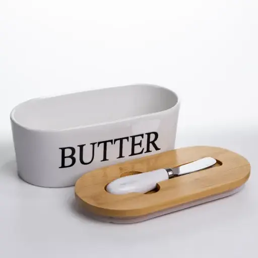 Маслянка порцелянова Yiwu з бамбуковою кришкою та ножем для масла білий CYT-W - фото 2