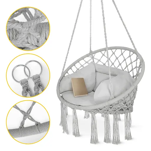 Крісло-гойдалка 4FIZJO Boho Dream 80 см з подушкою, підвісна, плетена Grey (P-5905973404532) - фото 3