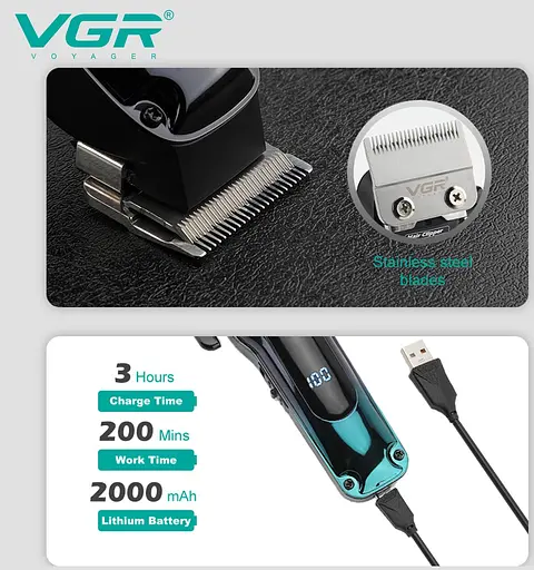 Машинка для стрижки VGR V-013 триммер с 8 насадками дисплей 6500 об/мин Черная с Зеленым 5 Вт - фото 4
