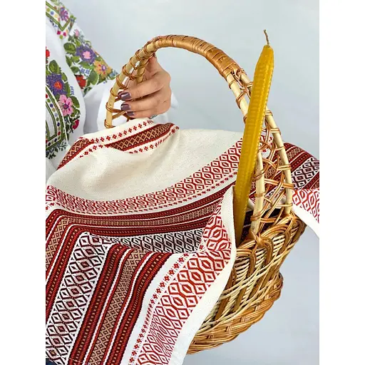 Комплект Великодній кошик Галичина з лляним рушником 70х45 см Промінь червоний та свічкою 